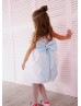 White Satin Flower Girl Dress With Blue Bow